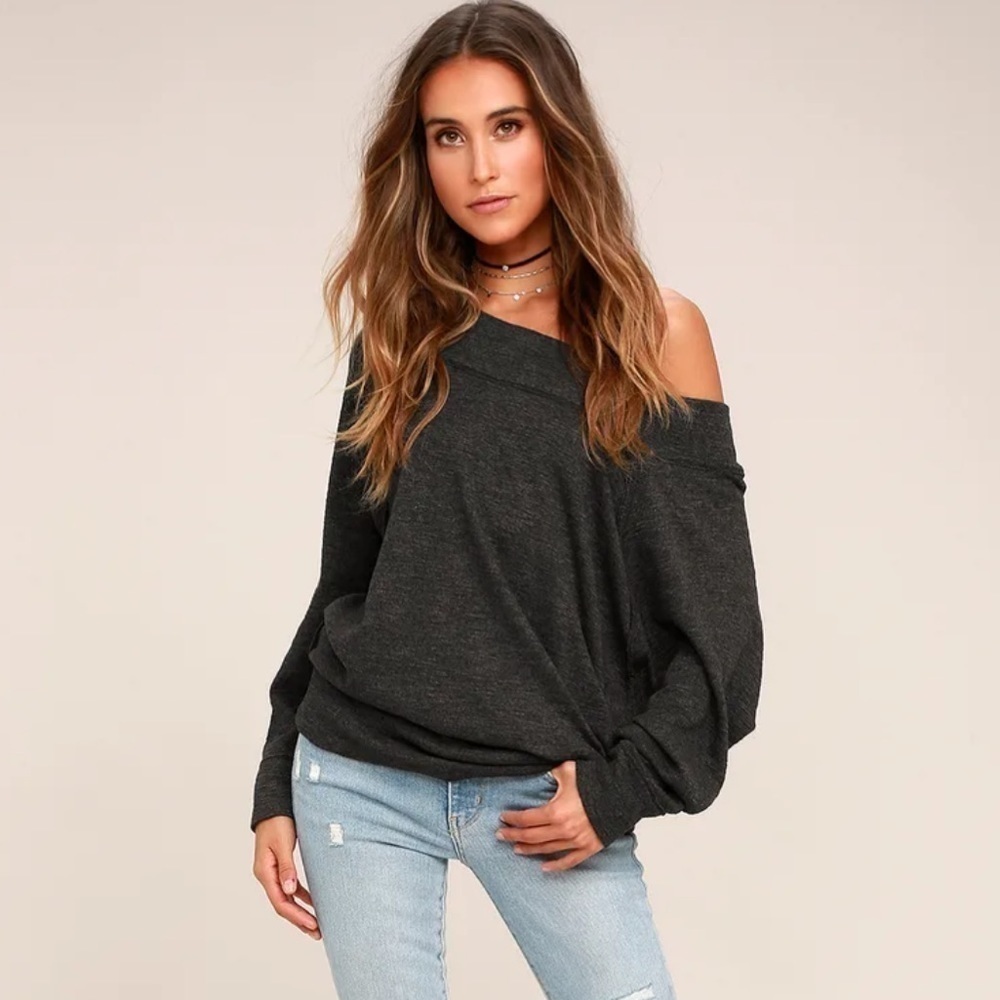 We The Free Free People Palisades Off the Shoulder Sweater, Dark Grey, Size XS